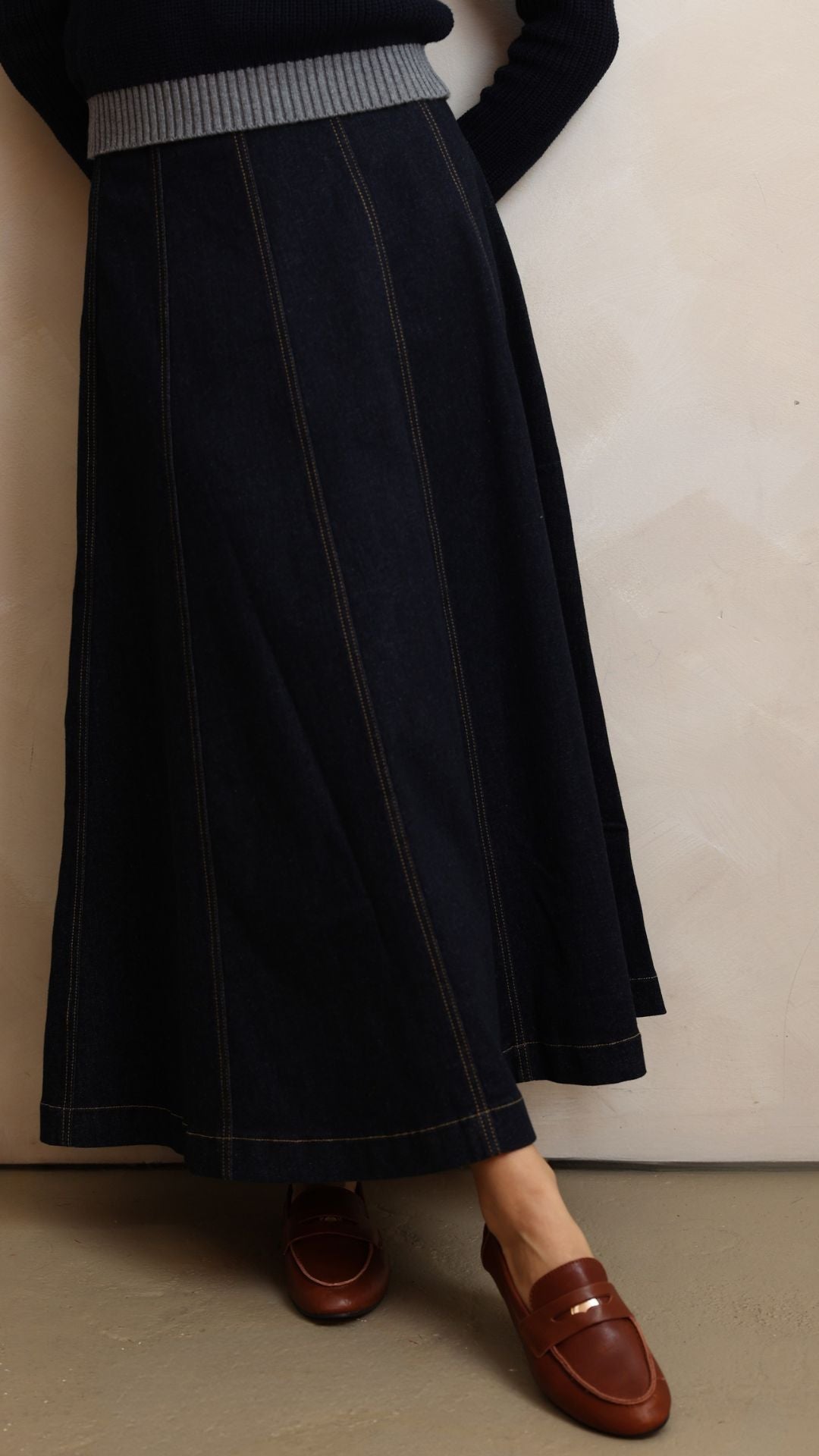Denim Paneled Midi Skirt