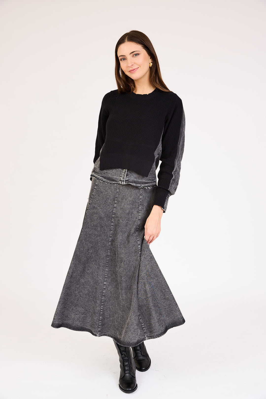 Model wearing the Denim Knit Mixed Media Top in Black.