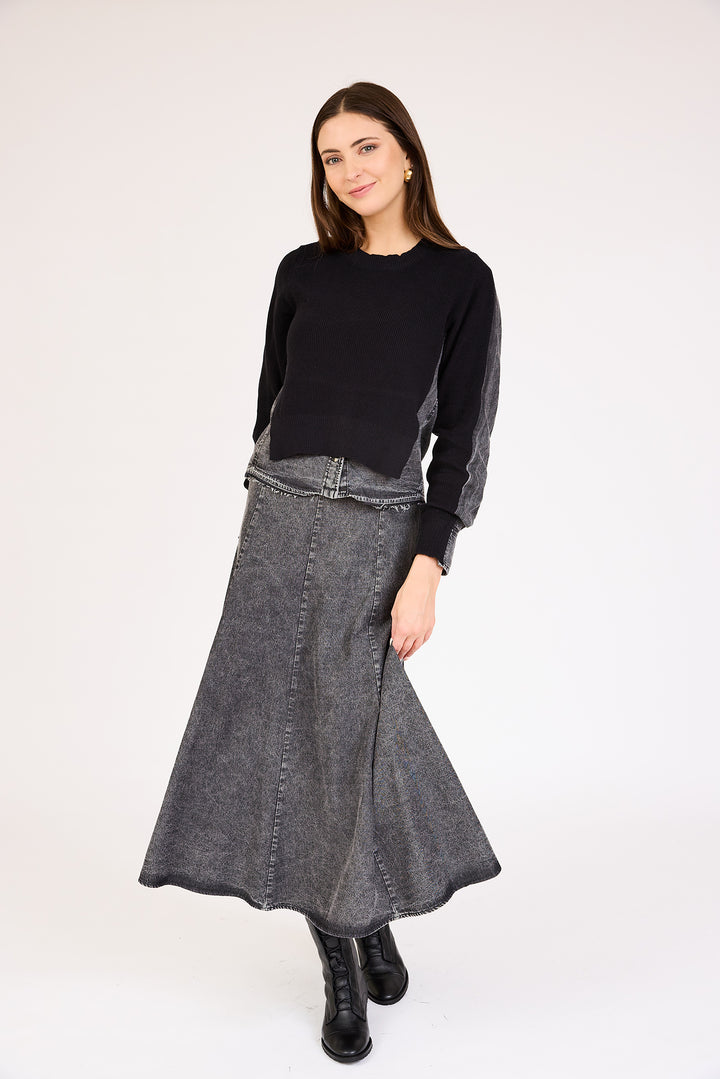 Model wearing the Denim Knit Mixed Media Top in Black.