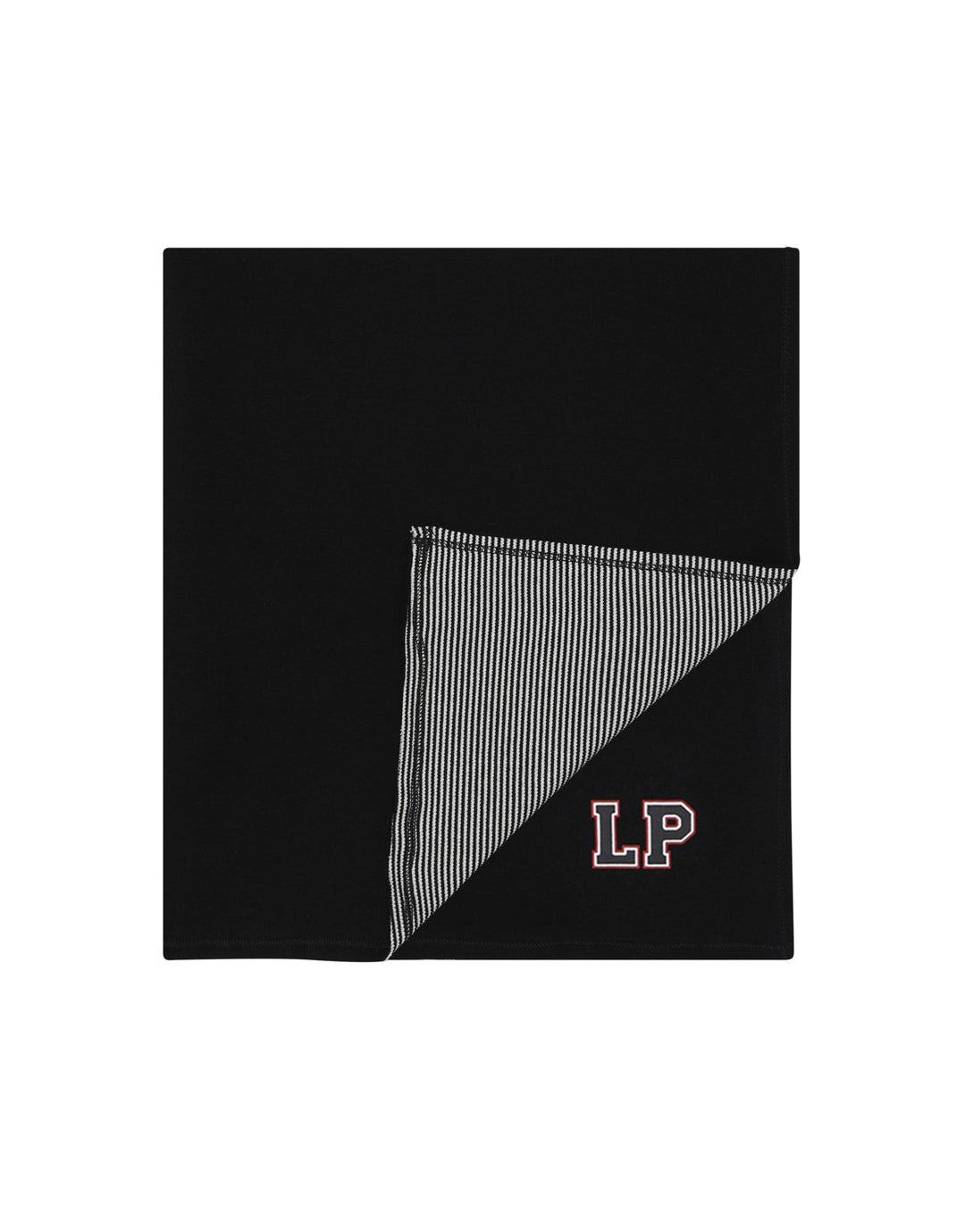 Black blanket with a diagonal pattern and 'LP' logo on a white background