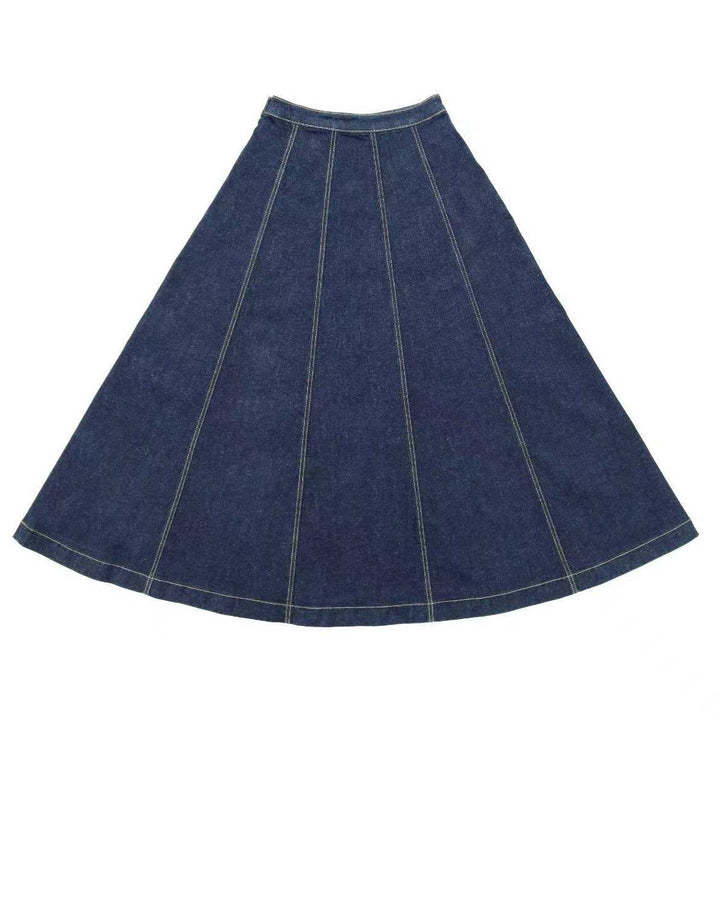 Blue denim skirt on a white background