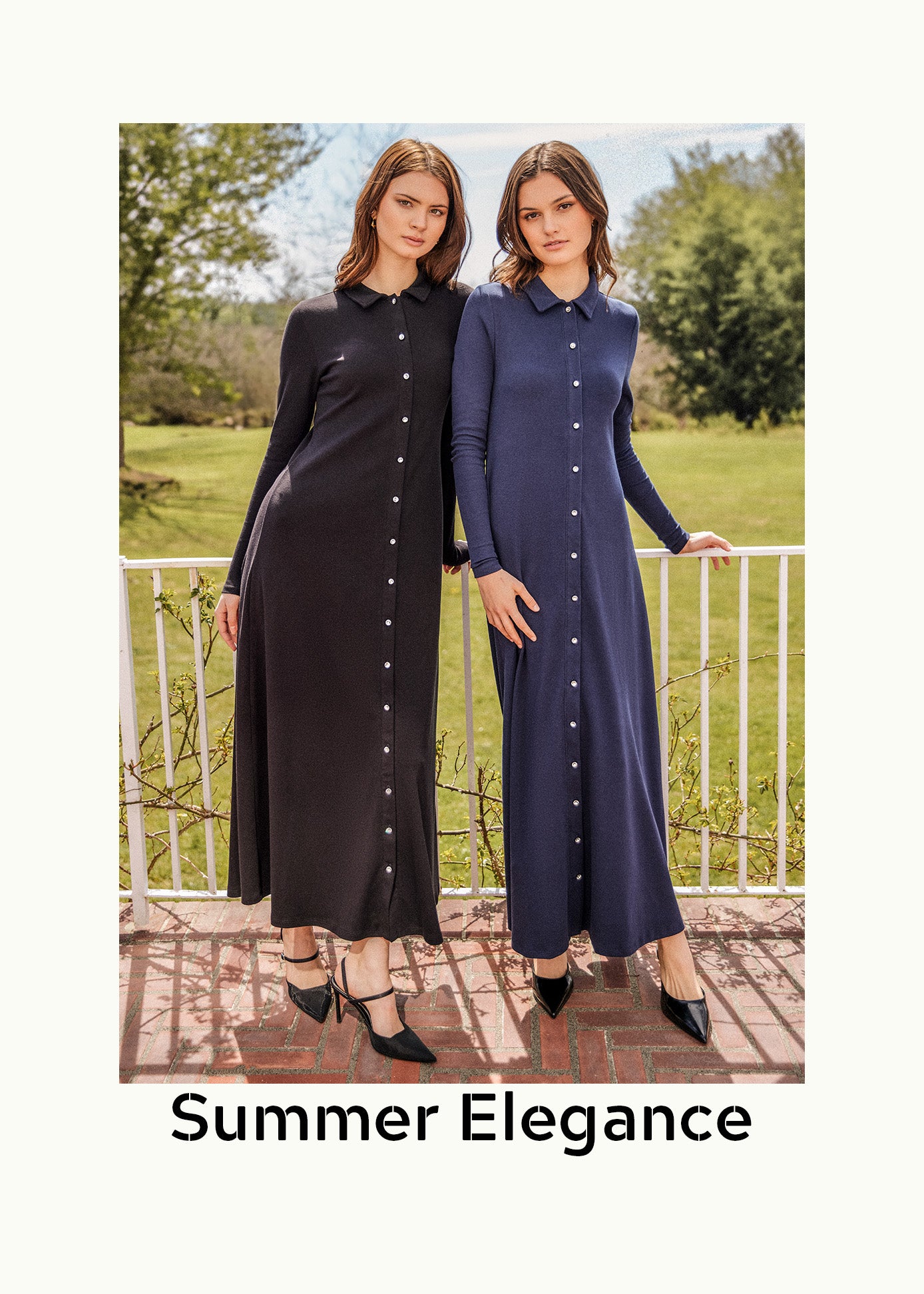 Two young women wearing maxi dresses, one in black, one in navy. The dresses button down the front.