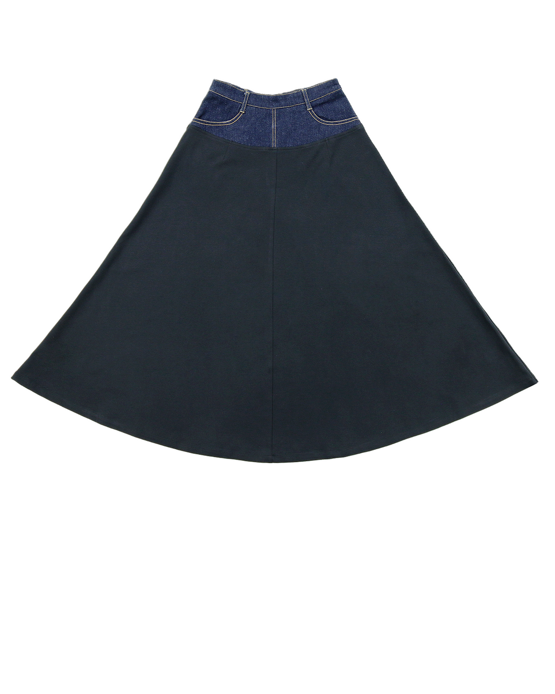 Denim mix media skirt on white background.
