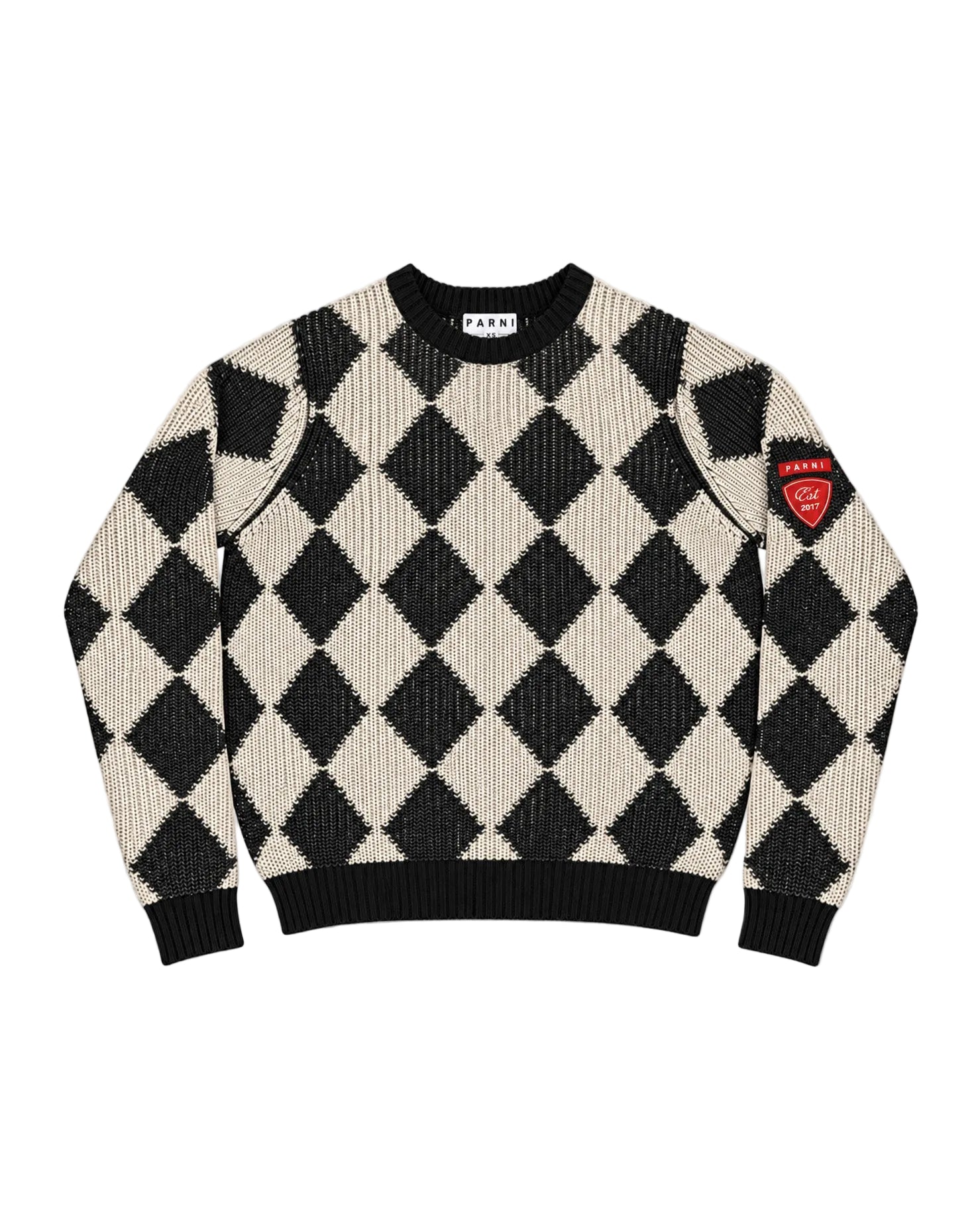 A black and cream argyle knit sweater with a red and black patch on the right sleeve, displayed flat against a checkered transparency-style background.