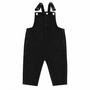A pair of toddler brown canvas bib overalls with adjustable suspenders and silver metal snaps, shown flat on a white background.