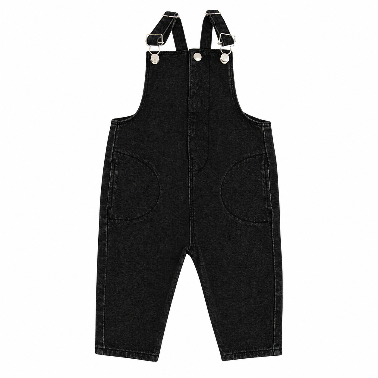 A pair of toddler brown canvas bib overalls with adjustable suspenders and silver metal snaps, shown flat on a white background.