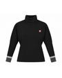 A black long-sleeve turtleneck top with a small red and white logo patch on the left chest and gray striped cuffs, shown on a plain white background.