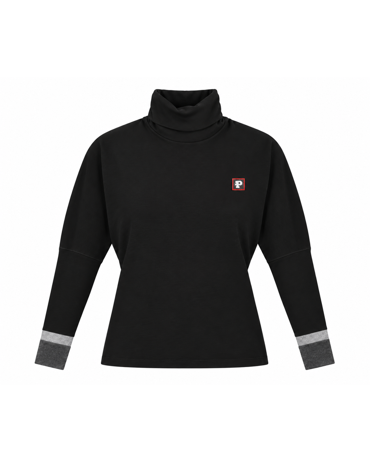 A black long-sleeve turtleneck top with a small red and white logo patch on the left chest and gray striped cuffs, shown on a plain white background.