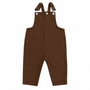 A pair of toddler brown canvas bib overalls with adjustable suspenders and silver metal snaps, shown flat on a white background.