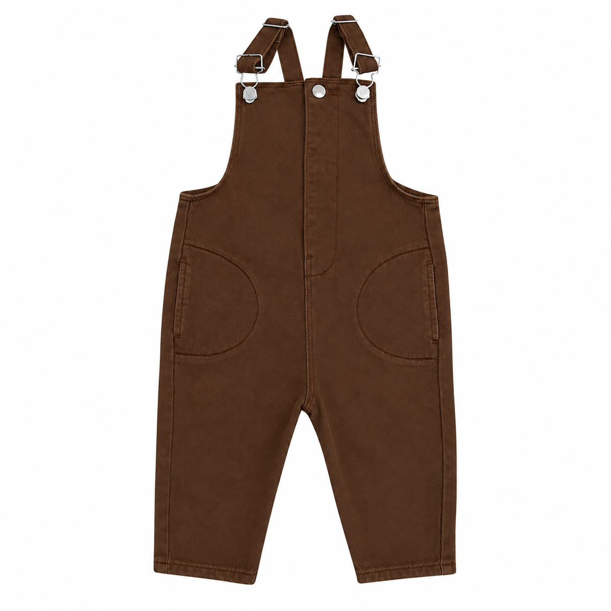 A pair of toddler brown canvas bib overalls with adjustable suspenders and silver metal snaps, shown flat on a white background.