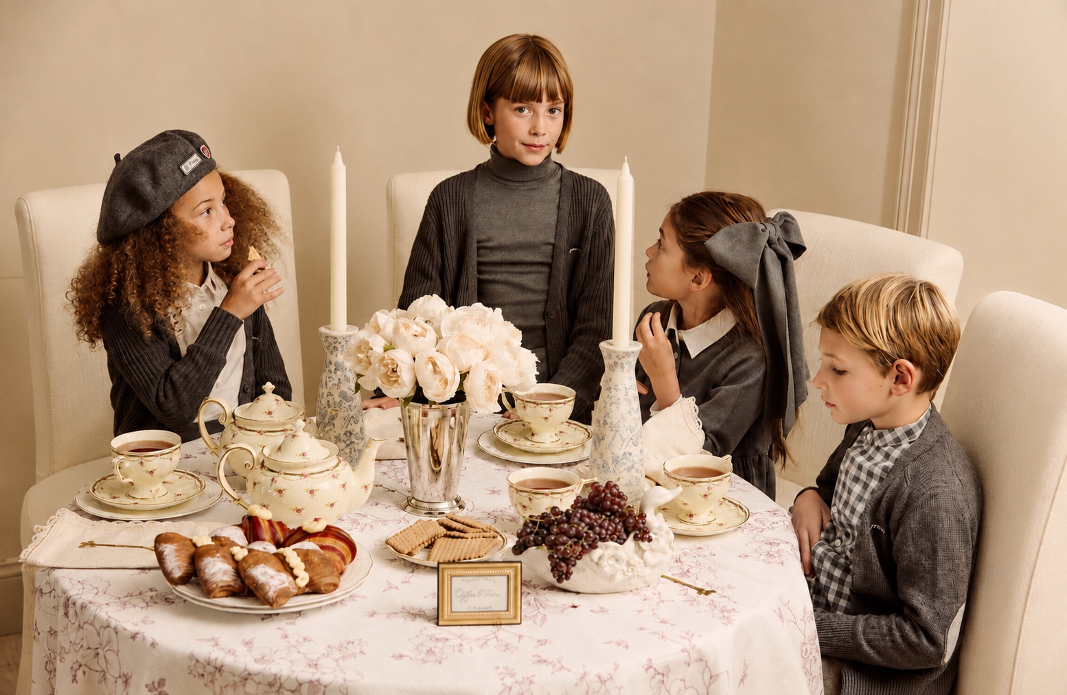 Four children seated around a decorated tea table in a warm indoor setting. The table is set with teapots, cups, saucers, flowers, pastries, and a glass of red wine, with tall white candles standing behind the children.