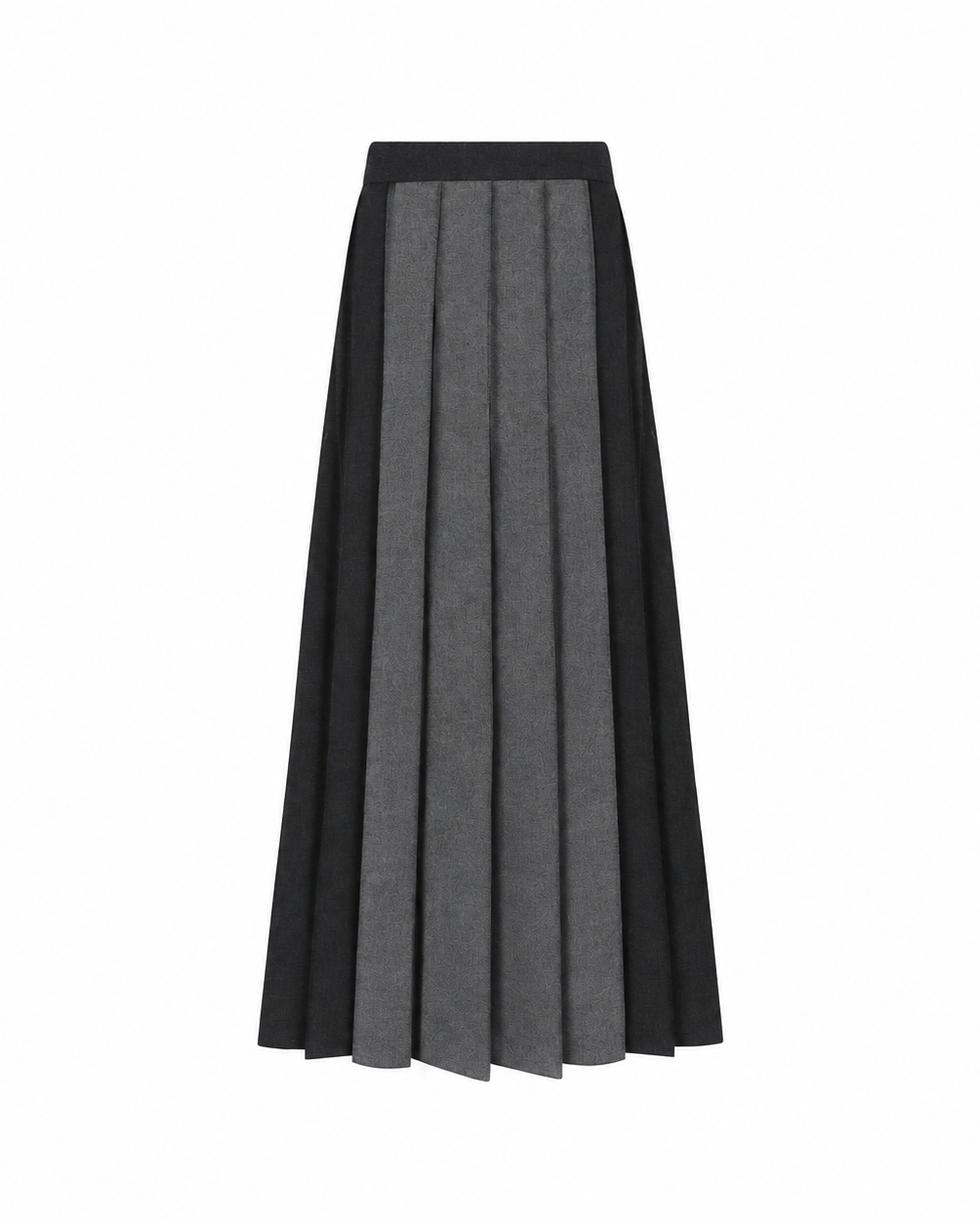 A pleated midi skirt with alternating vertical panels of black and textured gray wool, shown against a plain white background.