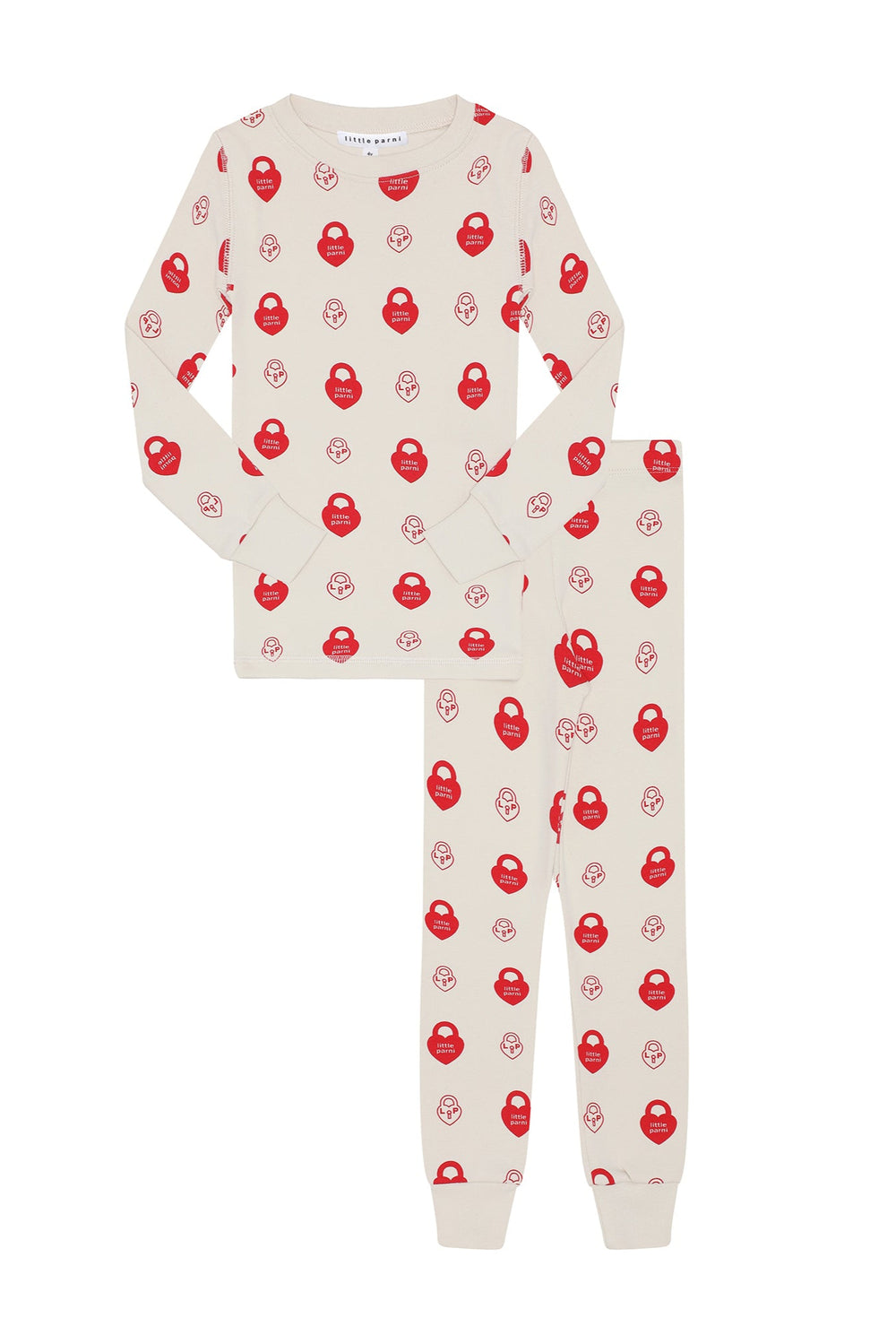 Children's pajama set with red and black pattern on a white background.
