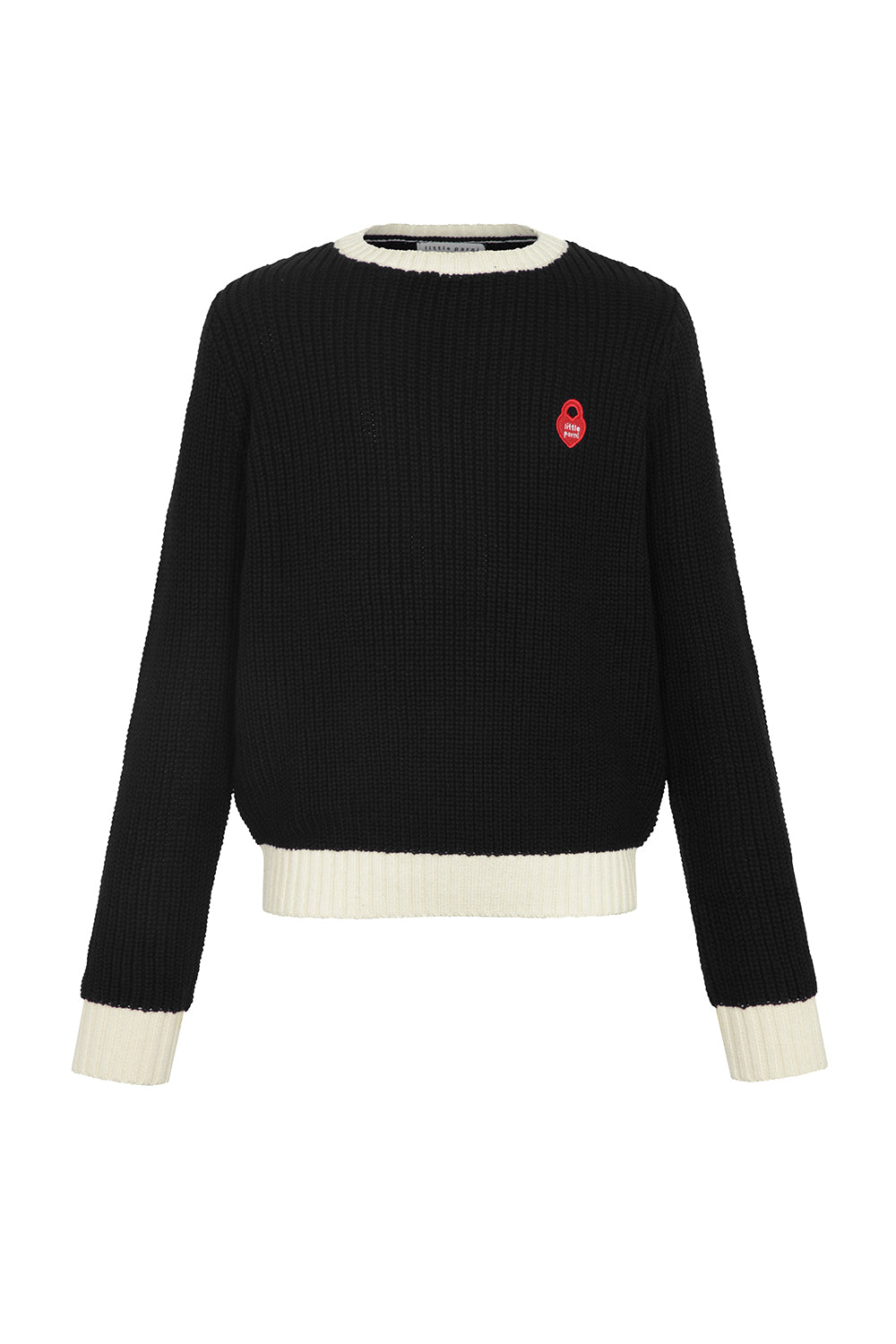 A black ribbed knit sweater with cream ribbed trim at the crew neck, hem, and cuffs, featuring a small red embroidered ape logo on the left chest, shown against a plain white background.