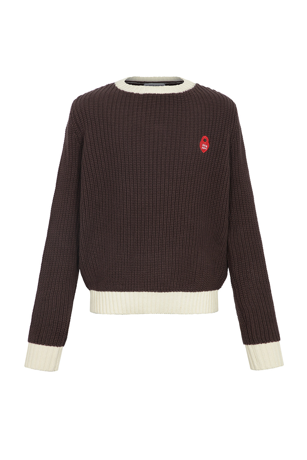 A dark brown ribbed knit sweater with cream-colored ribbed trim at the crew neck, hem, and cuffs, featuring a small red embroidered logo on the left chest.