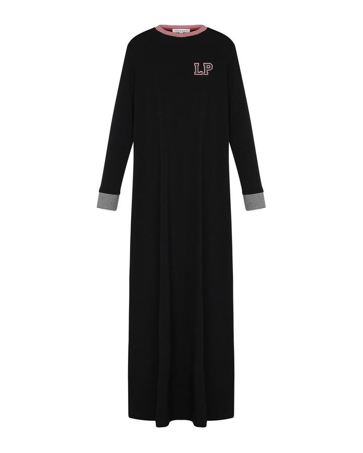 Black nightgown with gray cuffs and hem on a white background