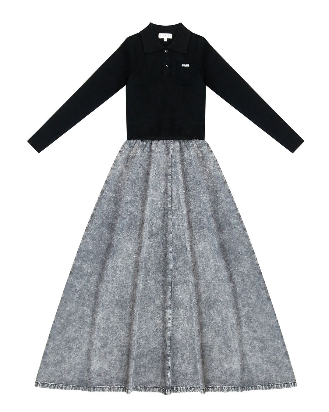 Mixed Media Polo Maxi Dress in Black.