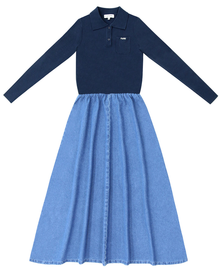 Mixed Media Polo Maxi Dress in Blue.