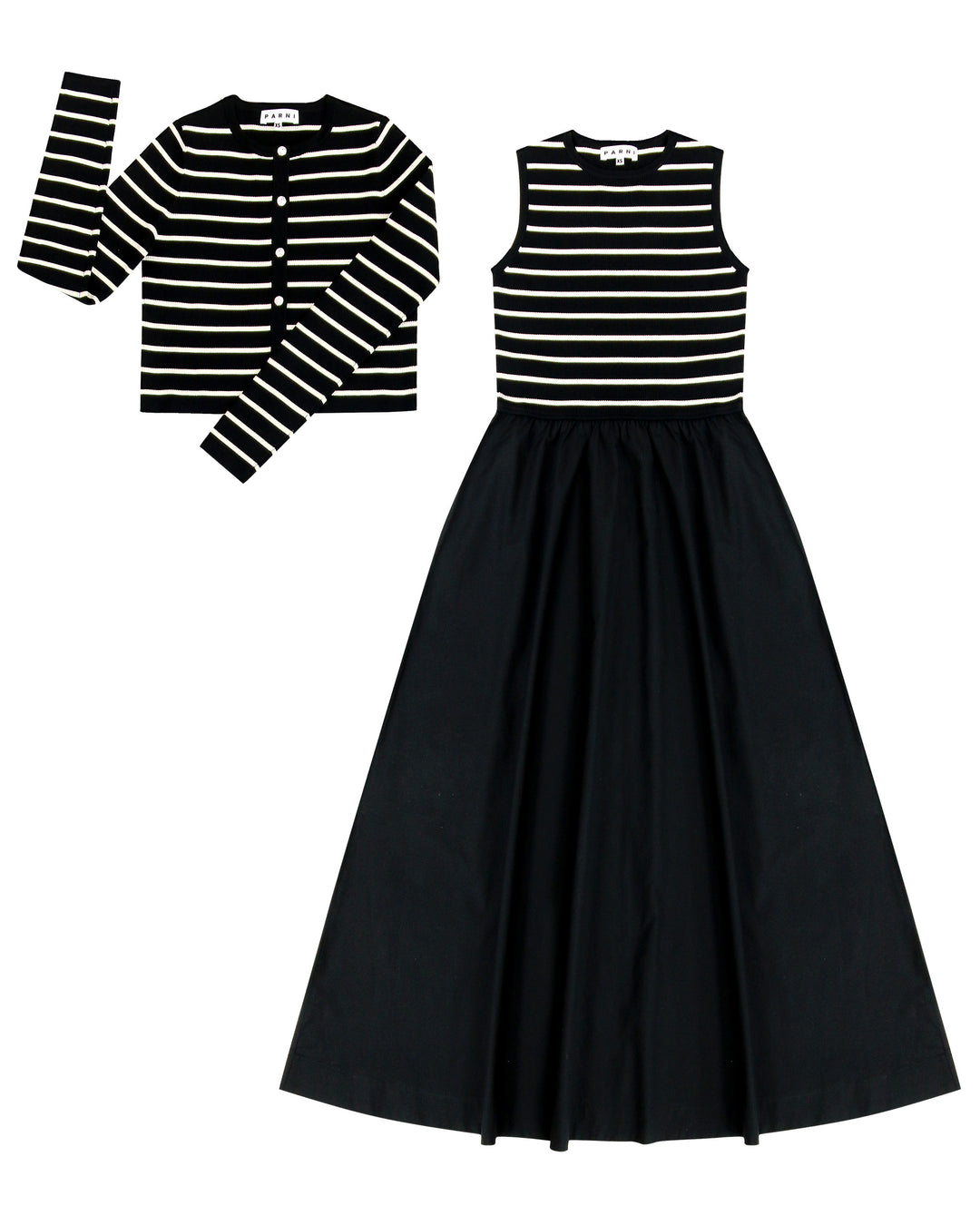 Mix Media Striped Cotton Dress & Cardigan Set Parni Mix Media Striped Cotton Dress & Cardigan Set Parni