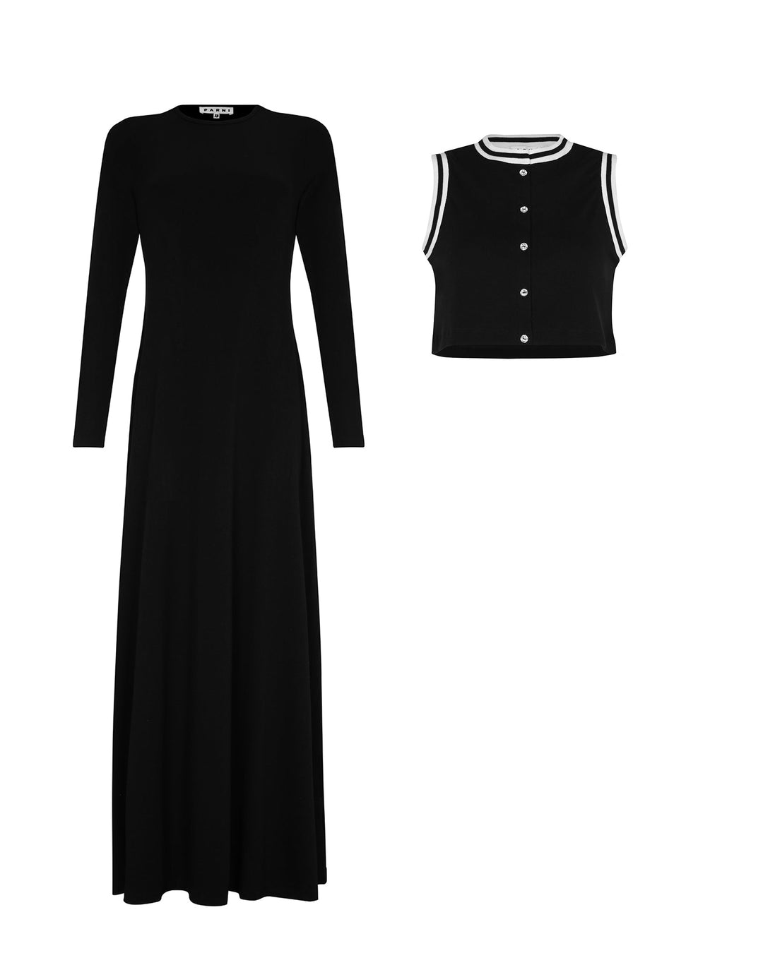 Black long-sleeve dress and black sleeveless top with white buttons on a white background
