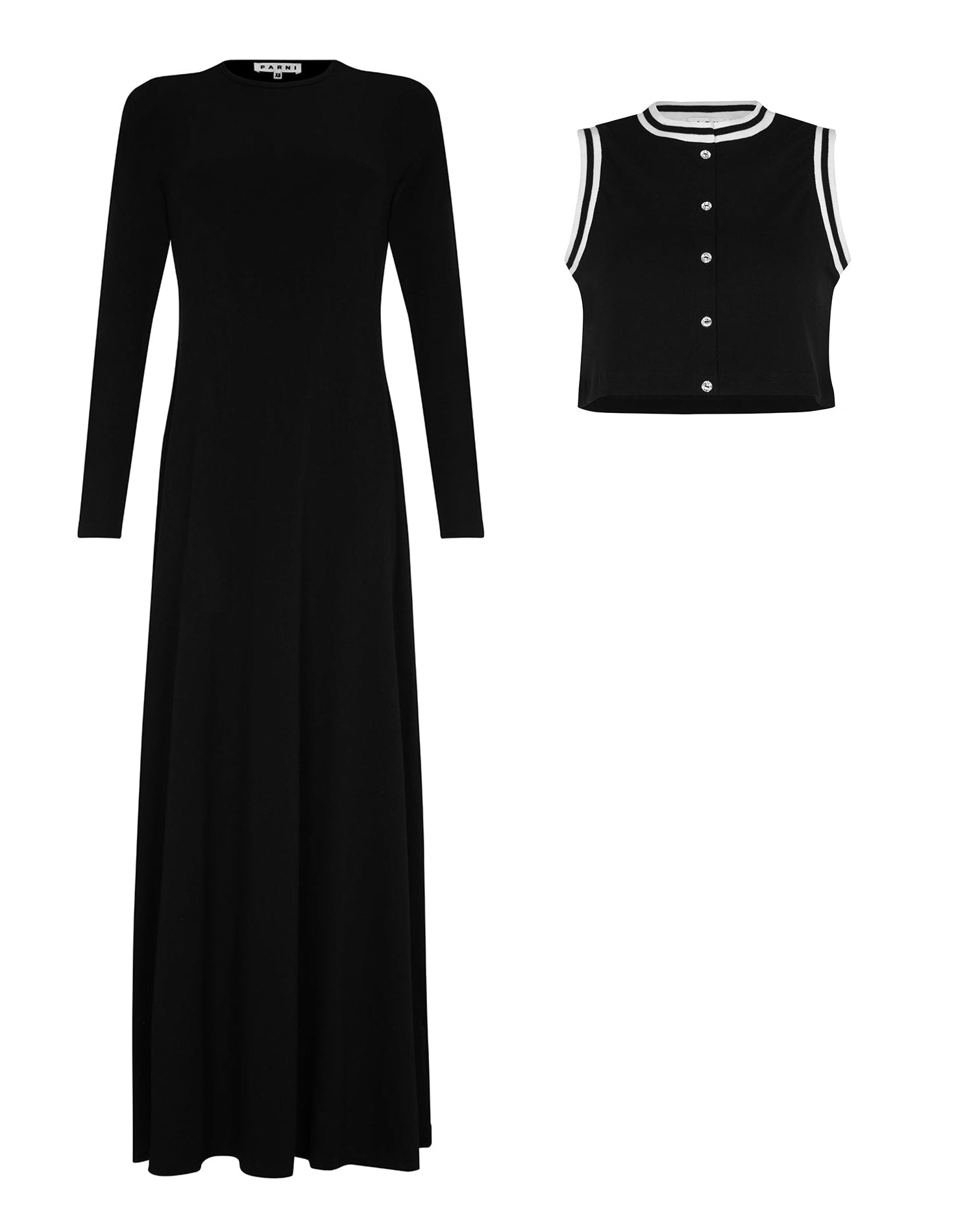 Black long-sleeve dress and black sleeveless top with white buttons on a white background