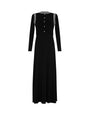 Black dress with white trim on a white background