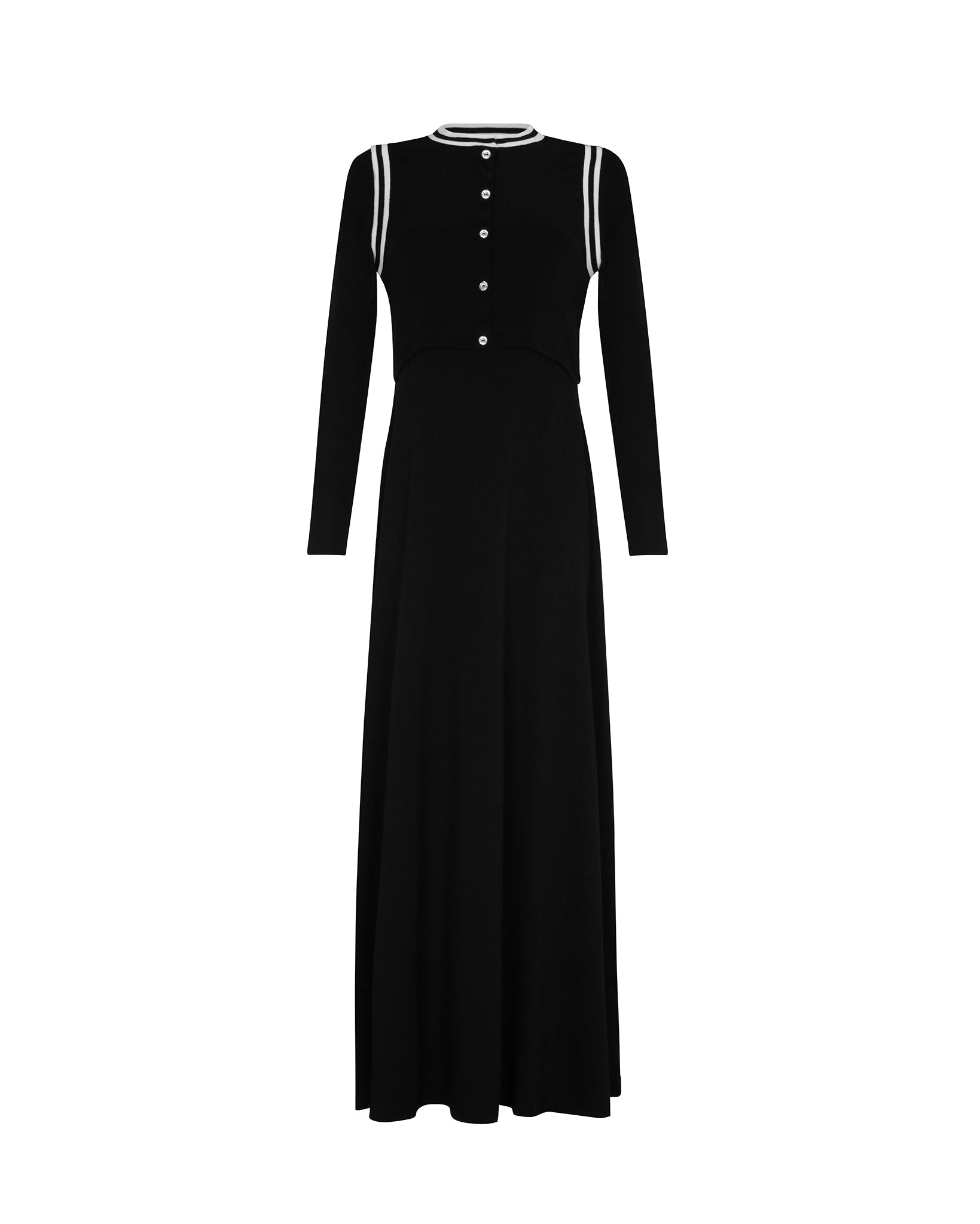 Black dress with white trim on a white background
