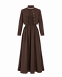 A dark brown long-sleeve dress with a high mock neck, a buttoned cardigan-style bodice, and a flared skirt, shown on a plain white background.