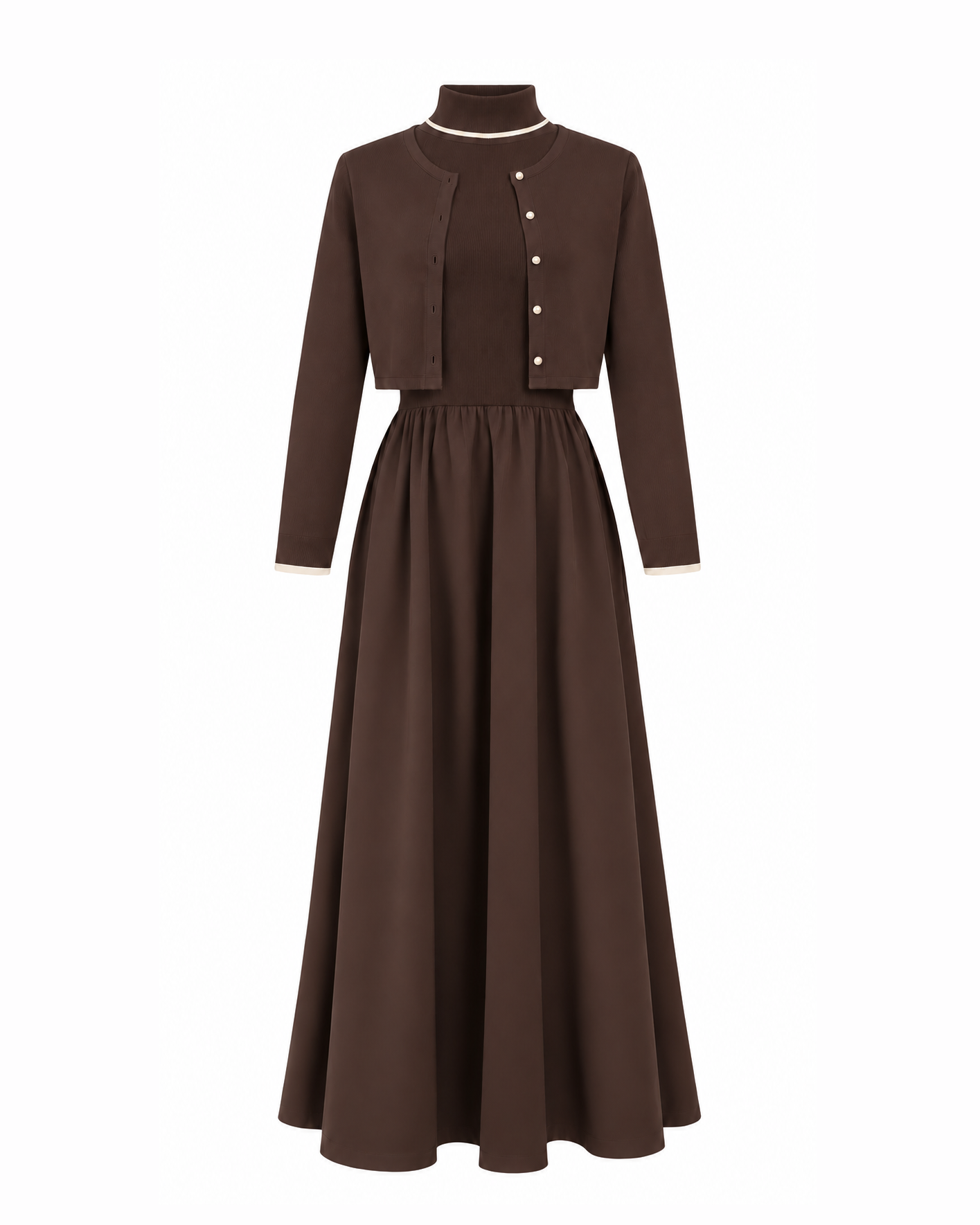 A dark brown long-sleeve dress with a high mock neck, a buttoned cardigan-style bodice, and a flared skirt, shown on a plain white background.
