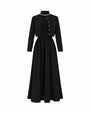 A black long-sleeve midi dress with a mock neck, featuring a cropped button-front overlay and a flared skirt, shown on a plain white background.