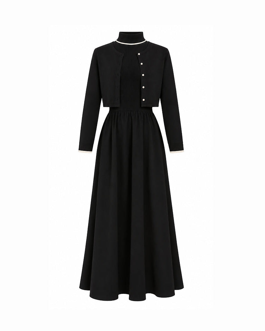 A black long-sleeve midi dress with a mock neck, featuring a cropped button-front overlay and a flared skirt, shown on a plain white background.