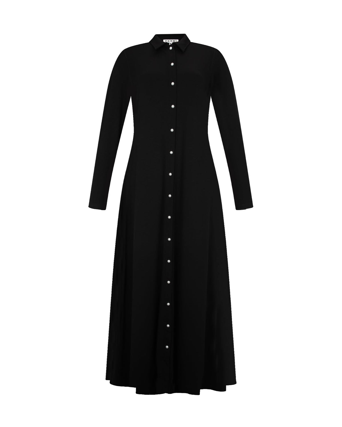 A long-sleeve black button-front dress with a pointed collar, shown on a plain white background.