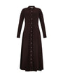 A long-sleeve button-front midi dress in a very dark brown color, shown against a plain white background.