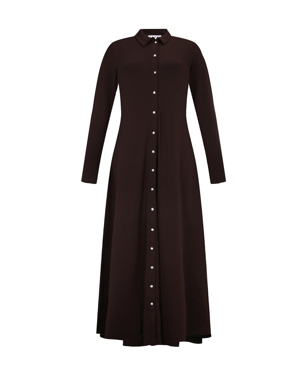 A long-sleeve button-front midi dress in a very dark brown color, shown against a plain white background.