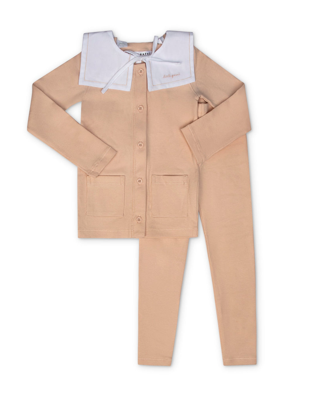 Beige jacket and pants with white shirt on a white background