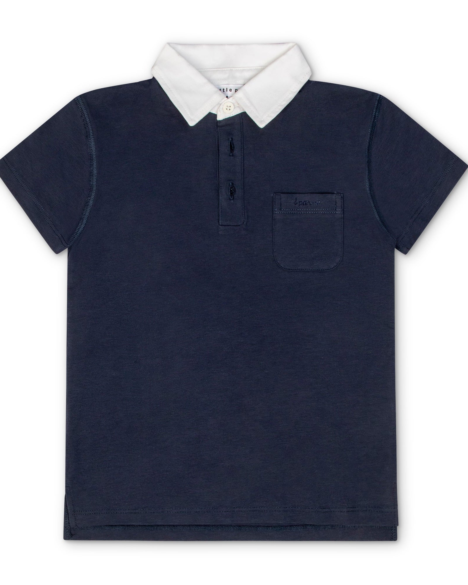 Navy blue polo shirt with white collar on a white background