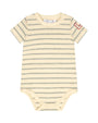 Striped baby bodysuit with 'Little Adee' branding on a white background