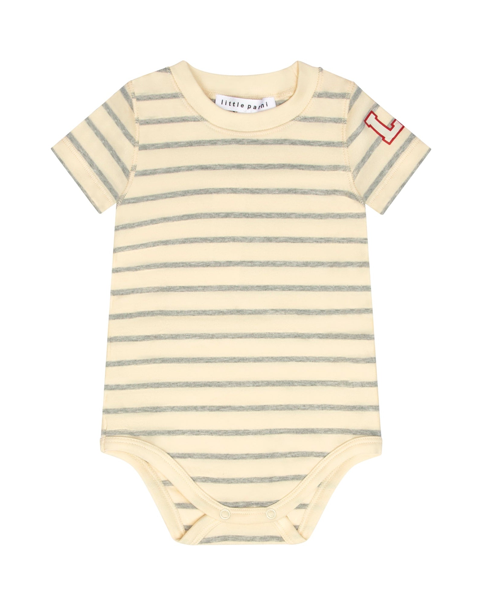 Striped baby bodysuit with 'Little Adee' branding on a white background