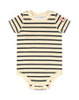 Striped baby onesie with brand name on a white background