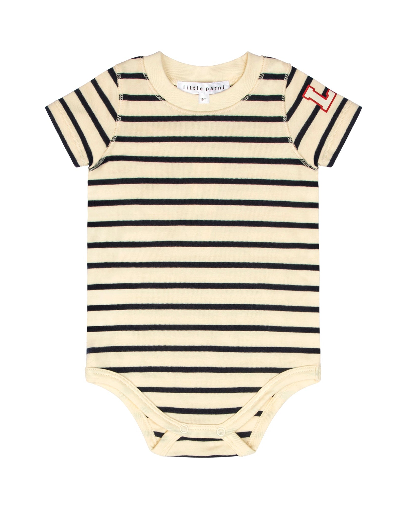 Striped baby onesie with brand name on a white background