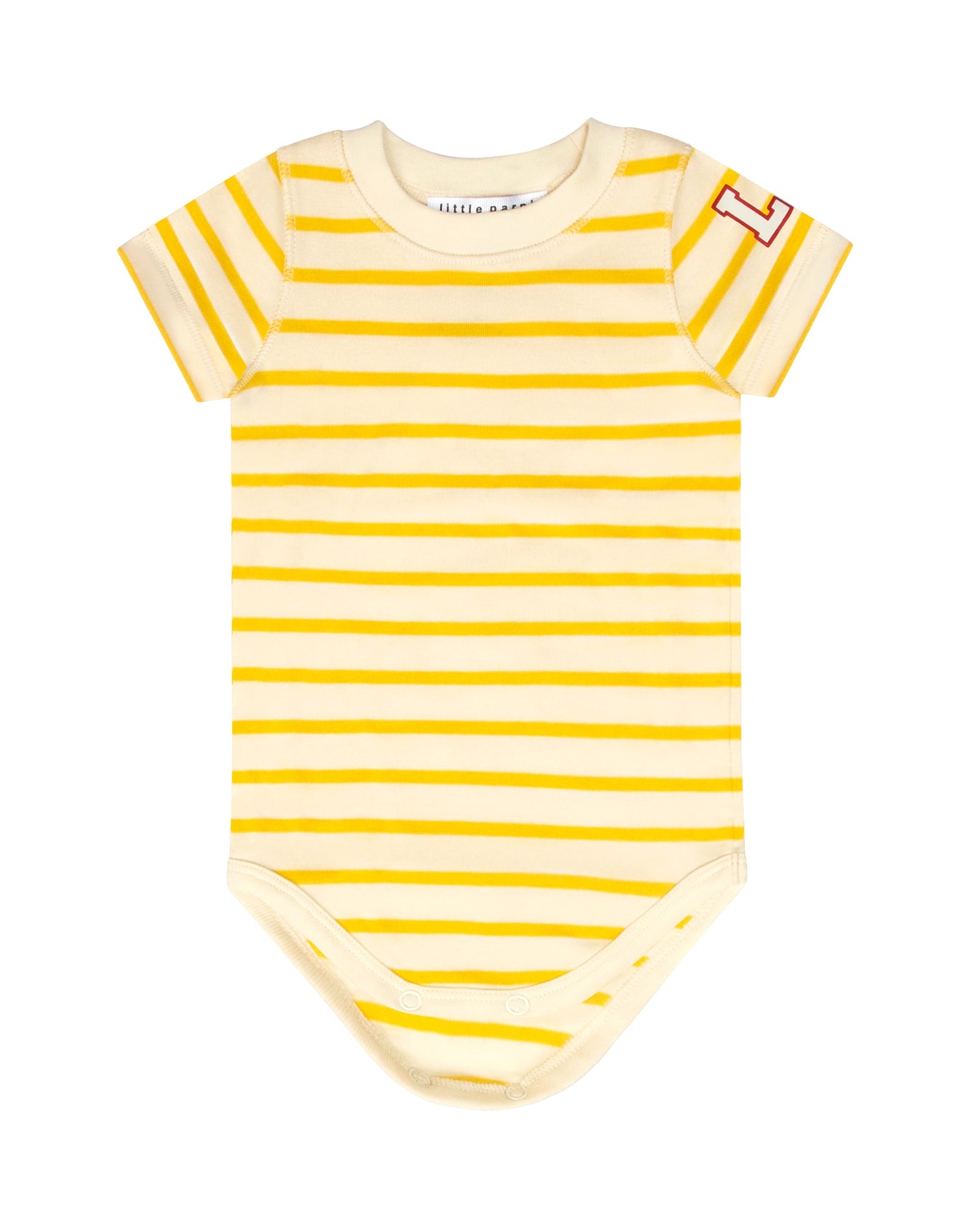 Yellow and white striped baby onesie on a white background