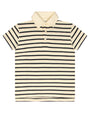 Striped polo shirt with black and white stripes on a white background