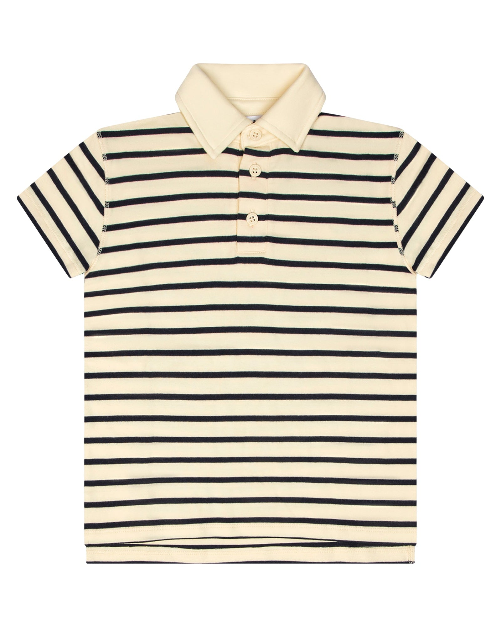 Striped polo shirt with black and white stripes on a white background