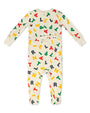 Baby onesie with colorful letter pattern on a white background