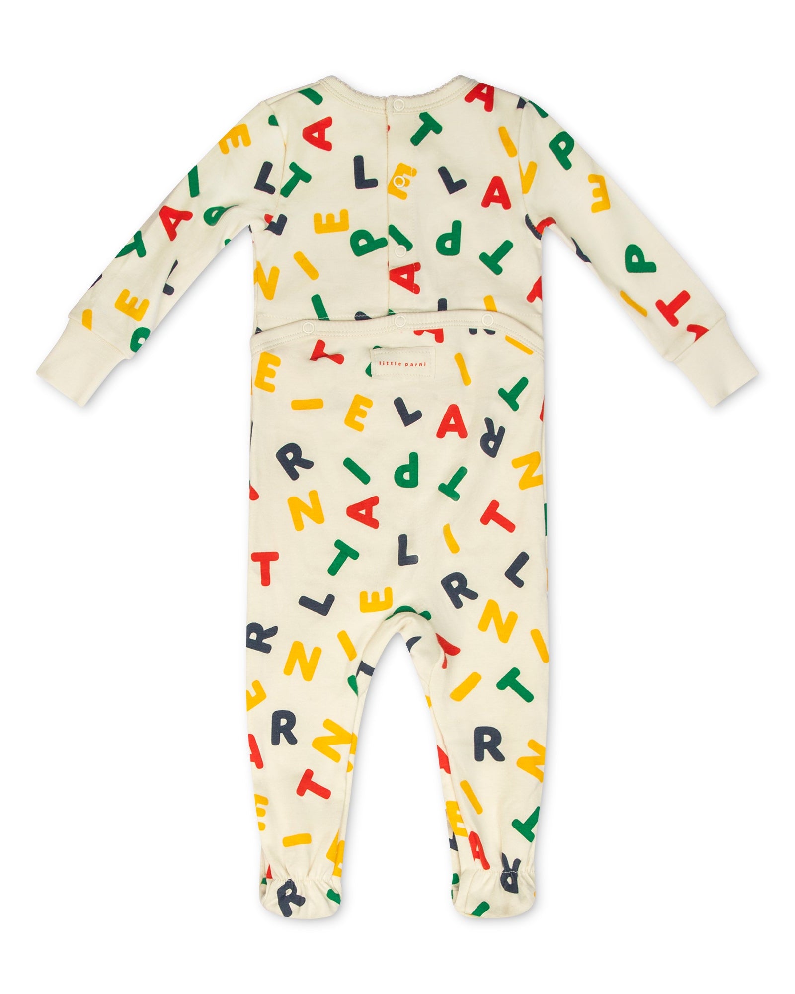 Baby onesie with colorful letter pattern on a white background