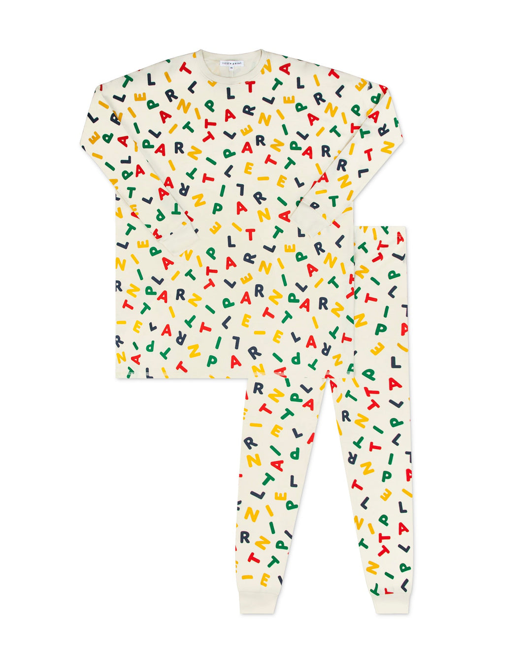 Children's pajama set with colorful letter pattern on a white background