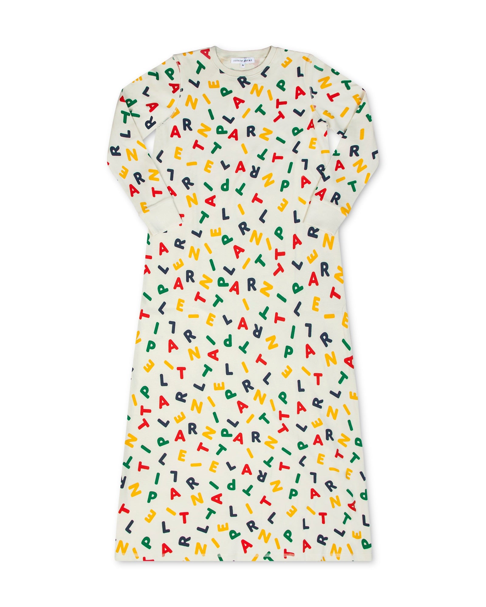 Nightgown with colorful letter pattern on a white background.