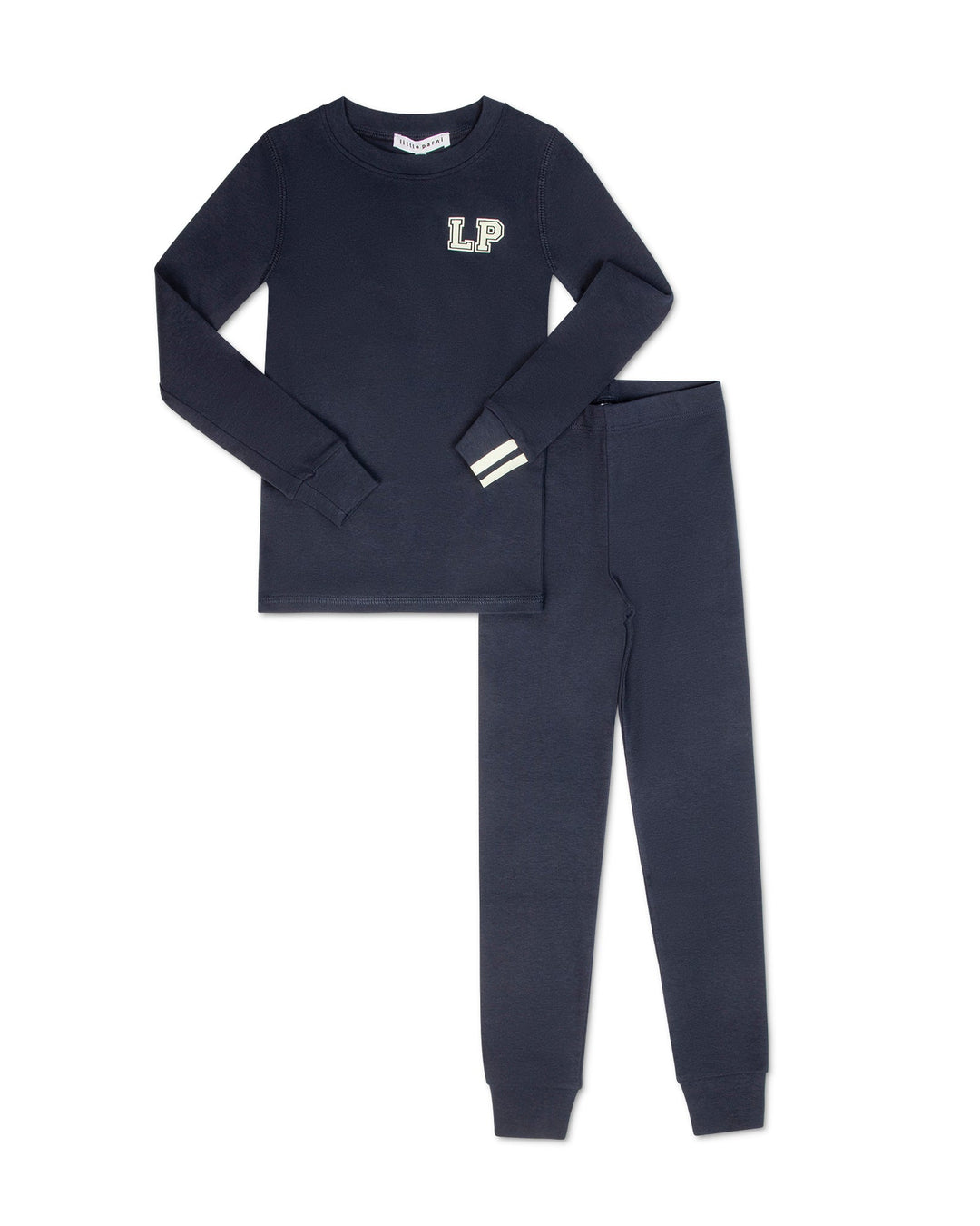 Navy pajama set with long-sleeve top and pants on a white background