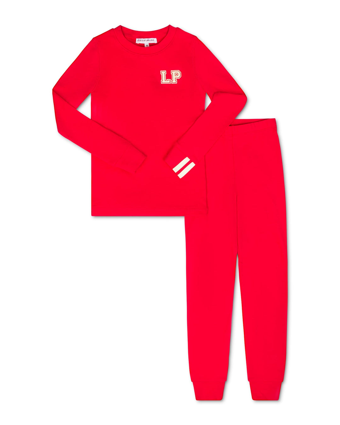 Red pajama set with 'LP' logo on a white background
