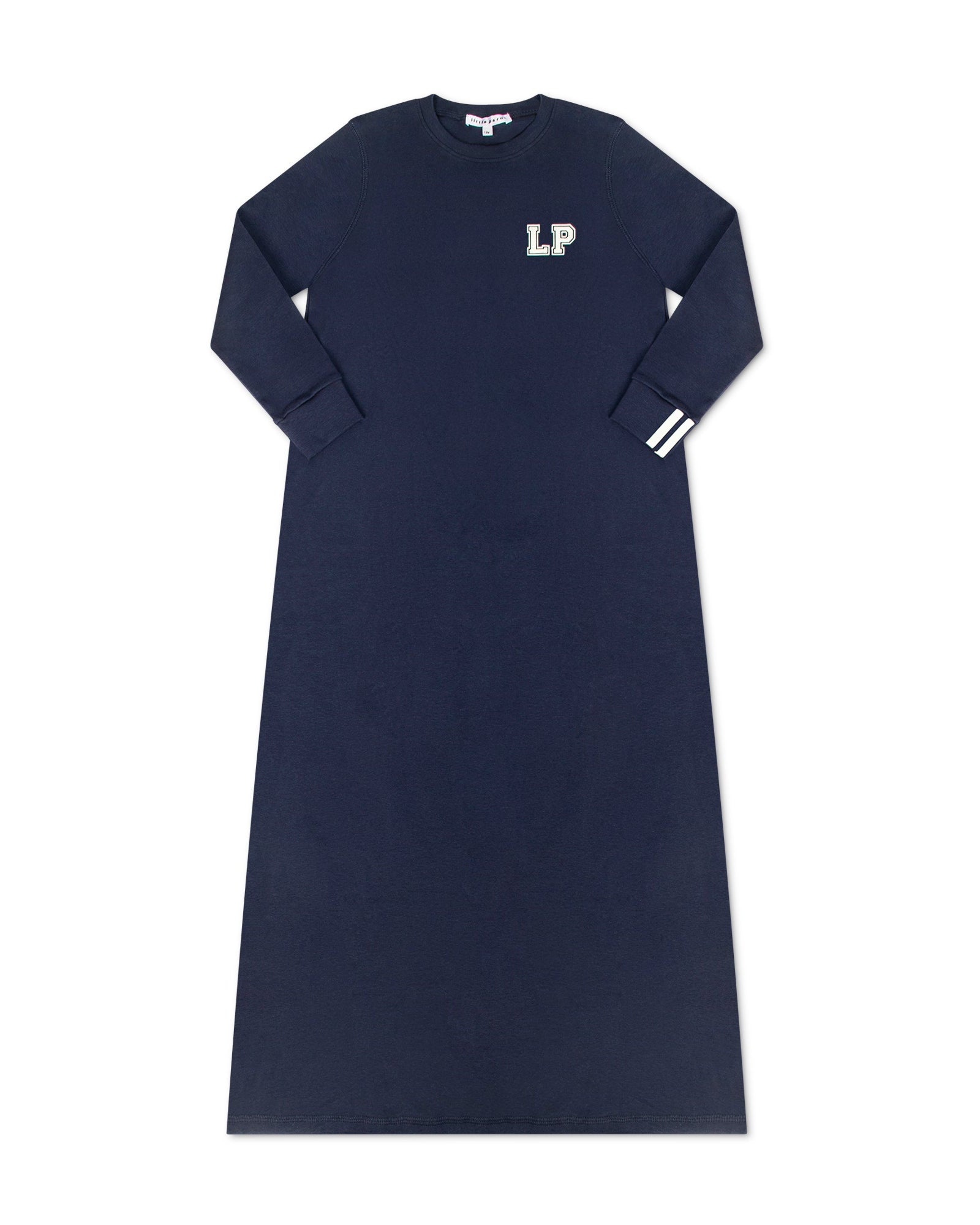 Navy long-sleeve dress with 'LP' logo on a white background